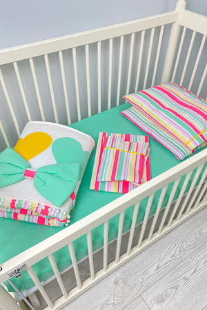 Stripe Patterned Turquoise Baby Duvet Cover Set, Quilt, Nightgown