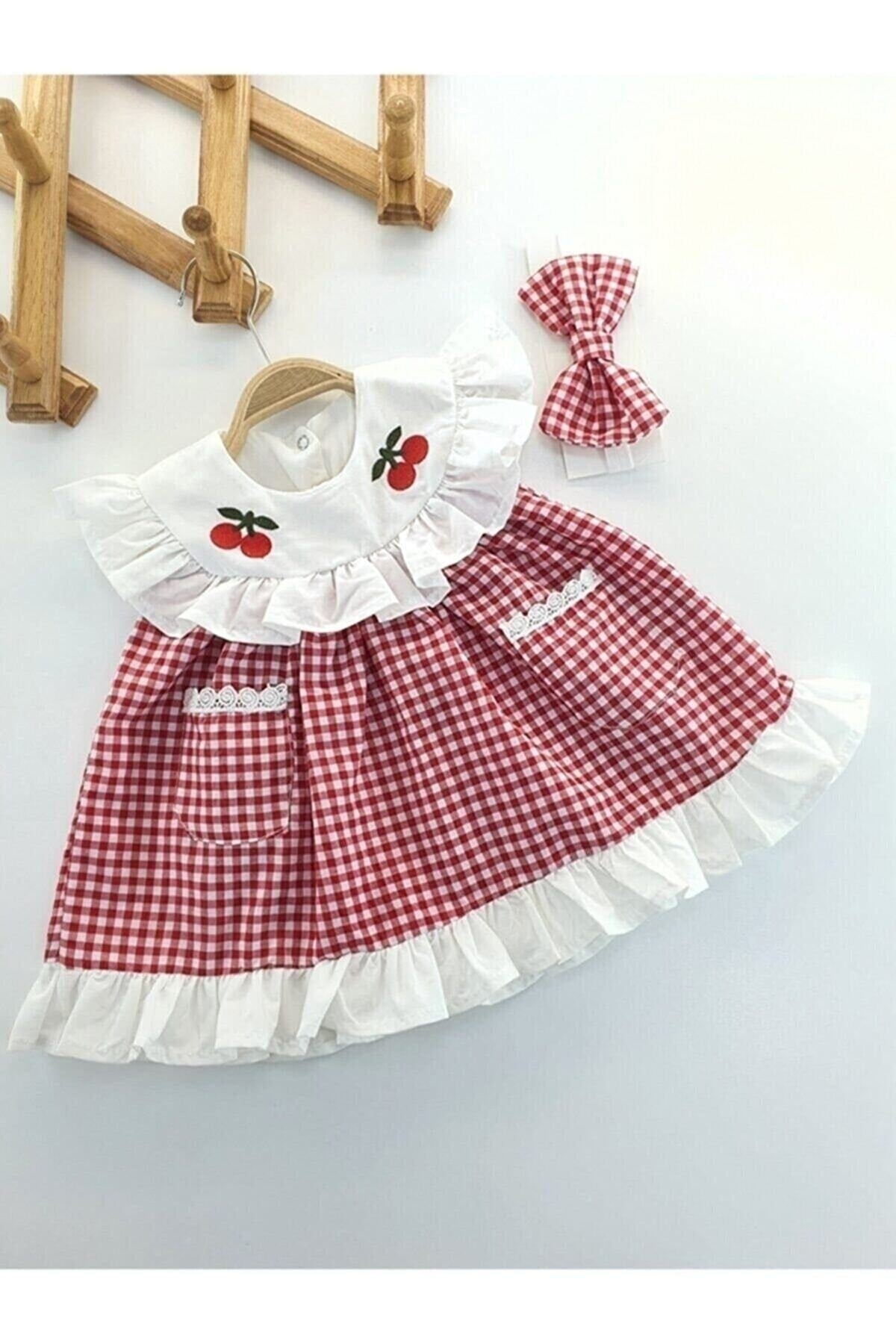 Baby Girl Red Gingham Cherry Detailed Hair Band Summer Dress