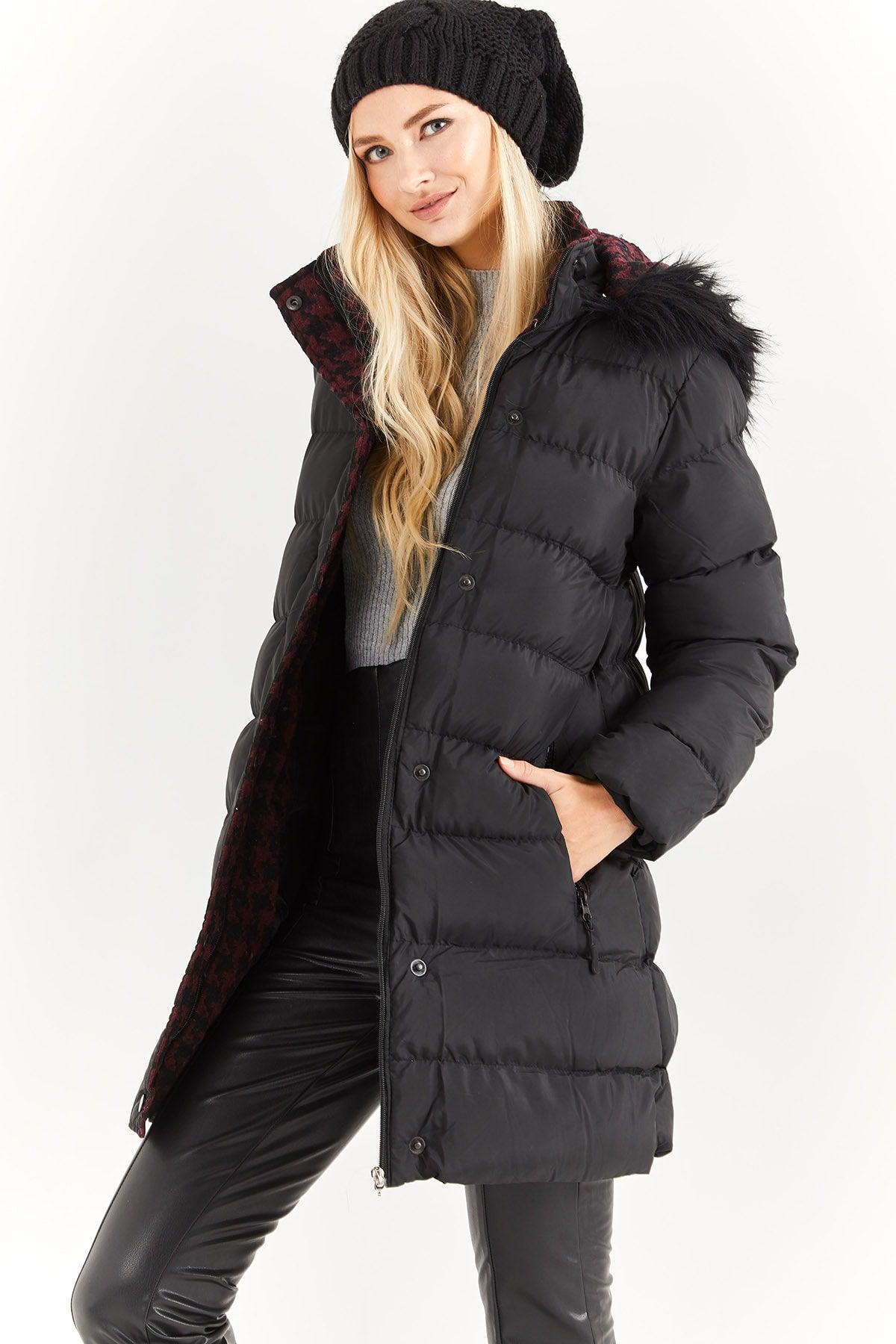 Women's Black Burgundy Fur Hooded Down Jacket - Swordslife