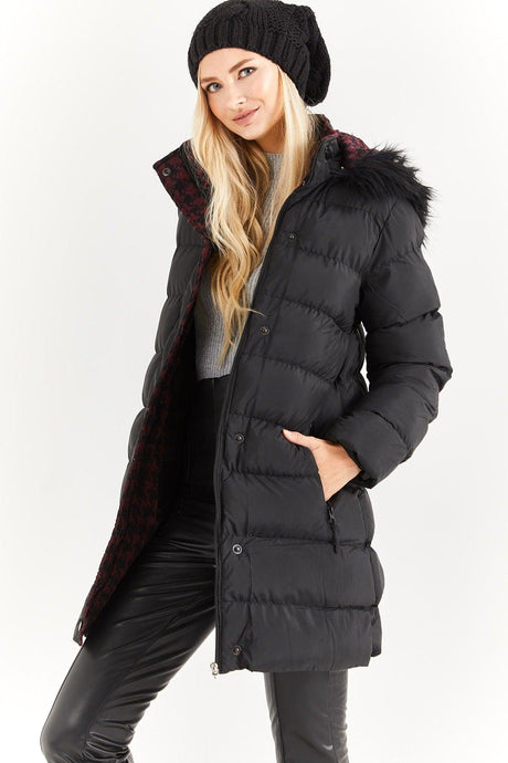 Women's Black Burgundy Fur Hooded Down Jacket - Swordslife