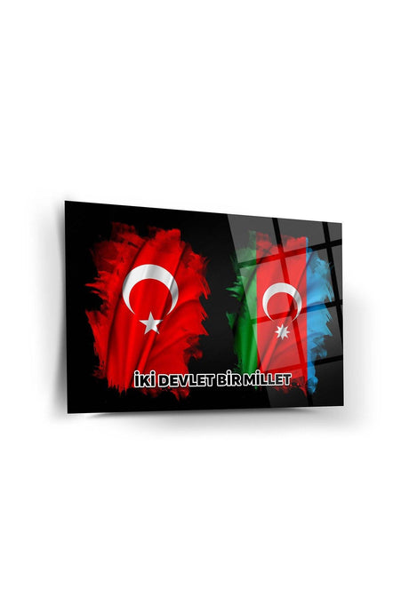 Turkish And Azerbaijani Flag Glass Painting-Azerbaijan Flag Painting-Two States One Nation Painting - Swordslife
