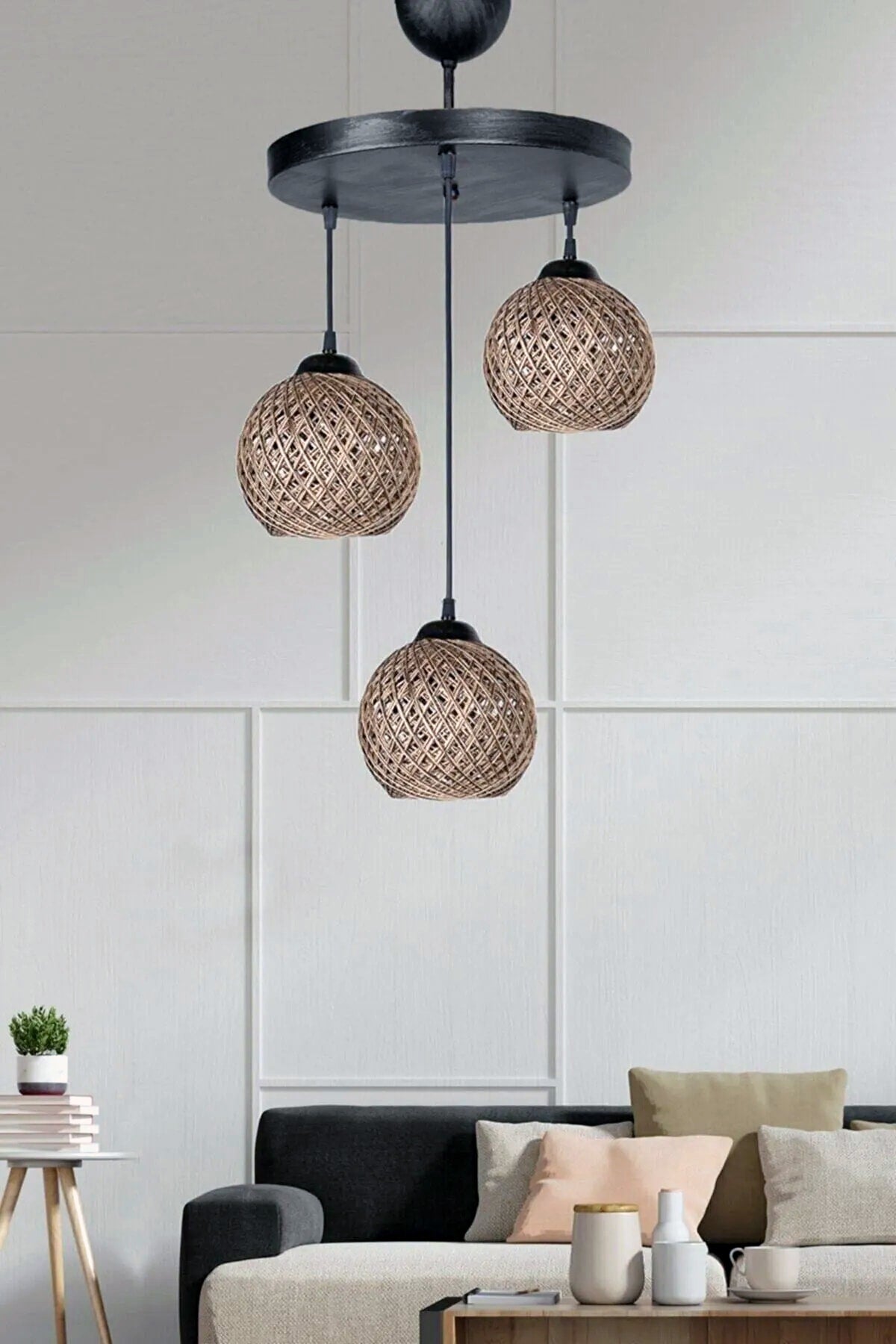 Set of 3 Rustic Balle Ball Beige Pendant Lamp Chandelier