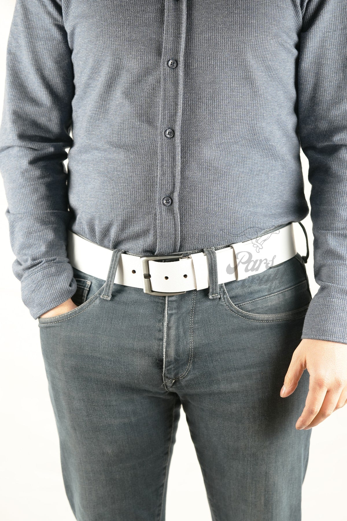 Genuine Buffalo Leather Men'S Belt 4.5 Cm White Jeans Sport Belt
