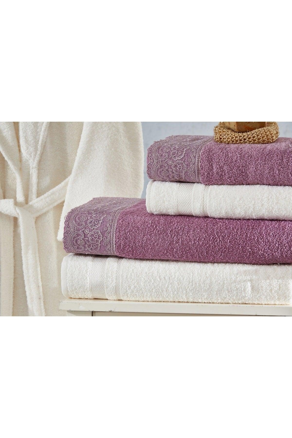 Family Lace Purple & Cream Family Bathrobe Set 6 Pieces Dowry Women Men Bathrobe Bath Towel Set - Swordslife