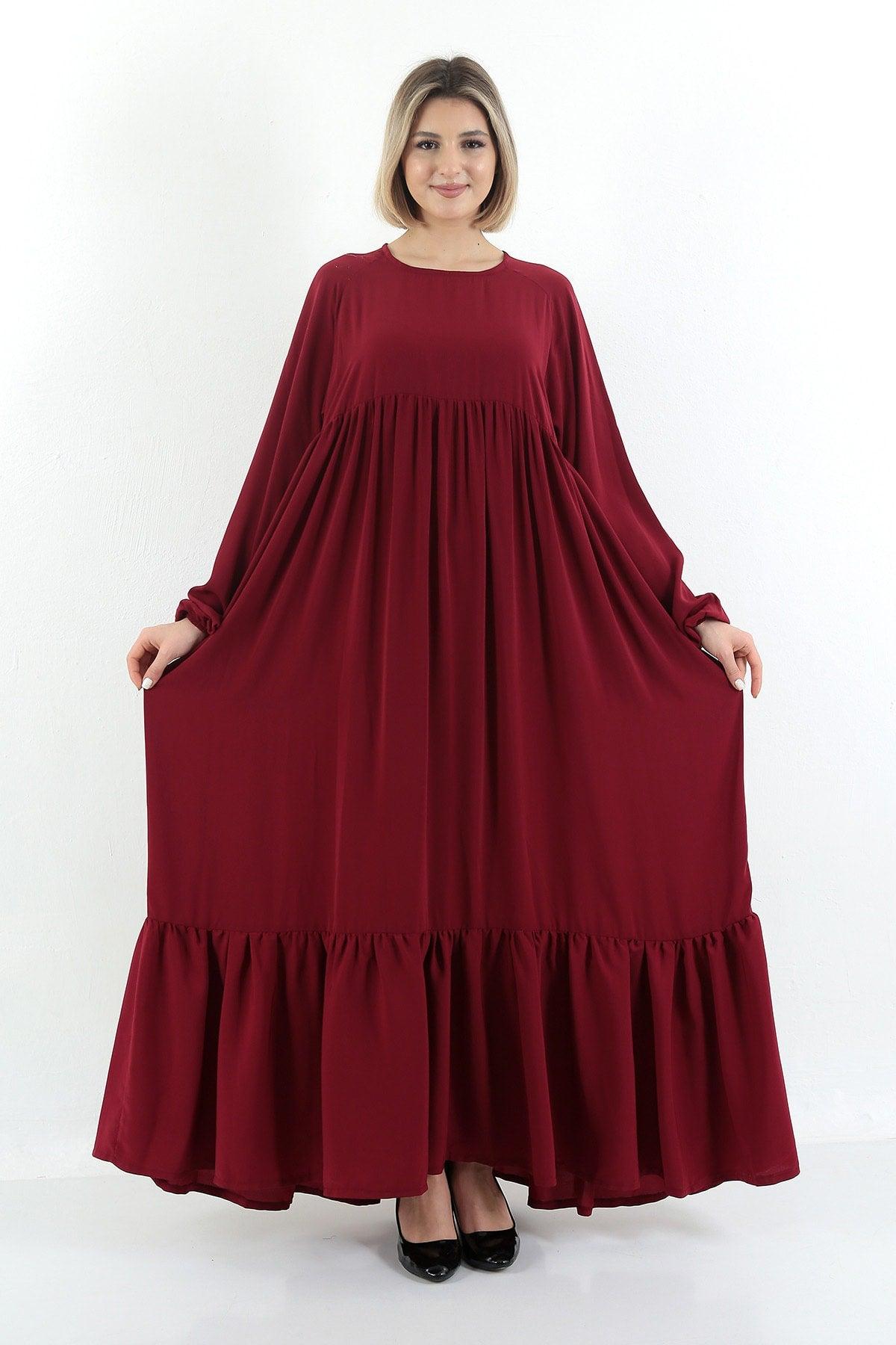 Claret Red Crew Neck Relaxed Fit Elastic Sleeve Side Pockets Pleated Robe Dress - Swordslife