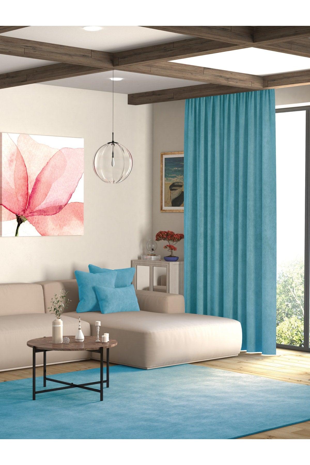 Velvet Textured Turquoise Island Fund Curtain Extrafor Pleated - Swordslife