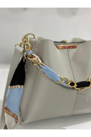 Women'S Scarf Light Gray Chain Accessory Soft Leather 3-Compartment Hand, Arm And Shoulder Bag