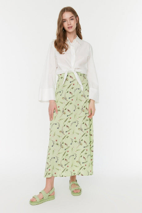Green Floral Patterned High Waist Knitted Skirt TCTSS22EE0006 - Swordslife