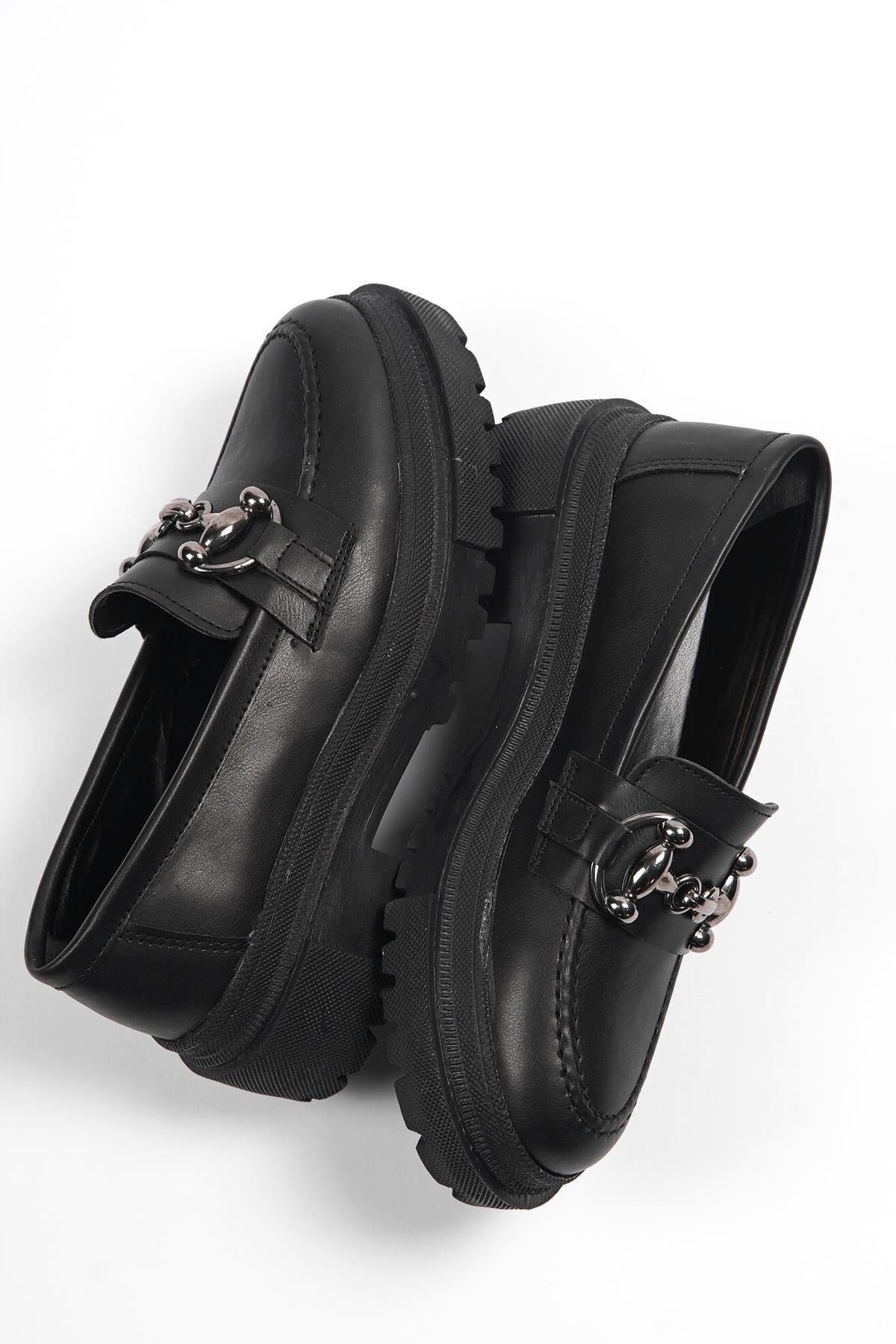 Capone Oval Toe Metal Buckle Trak Sole Black Women'S Loafers