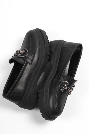 Capone Oval Toe Metal Buckle Trak Sole Black Women'S Loafers