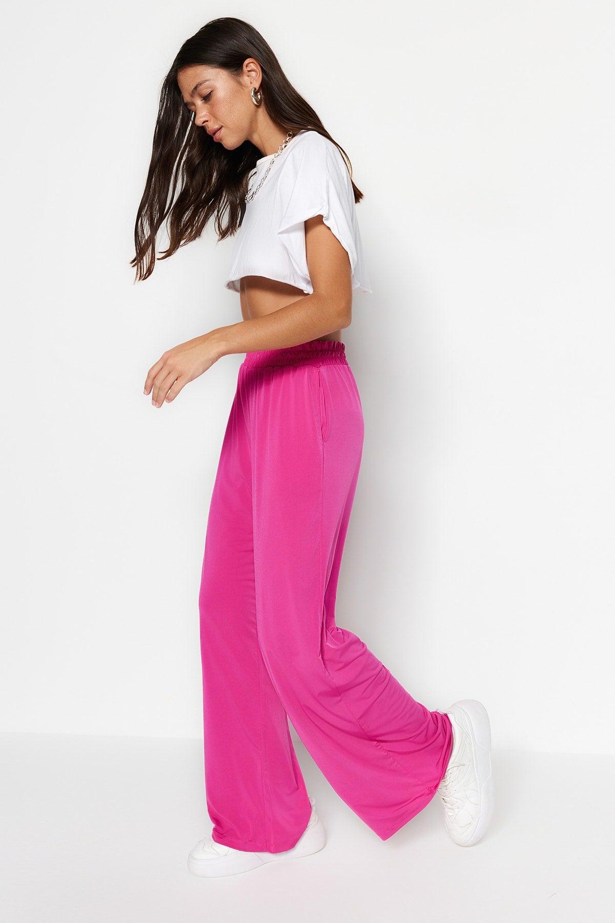 Fuchsia Wide Leg/Comfort Fit High Waist Elastic Knitted Trousers TWOSS23PL00129 - Swordslife