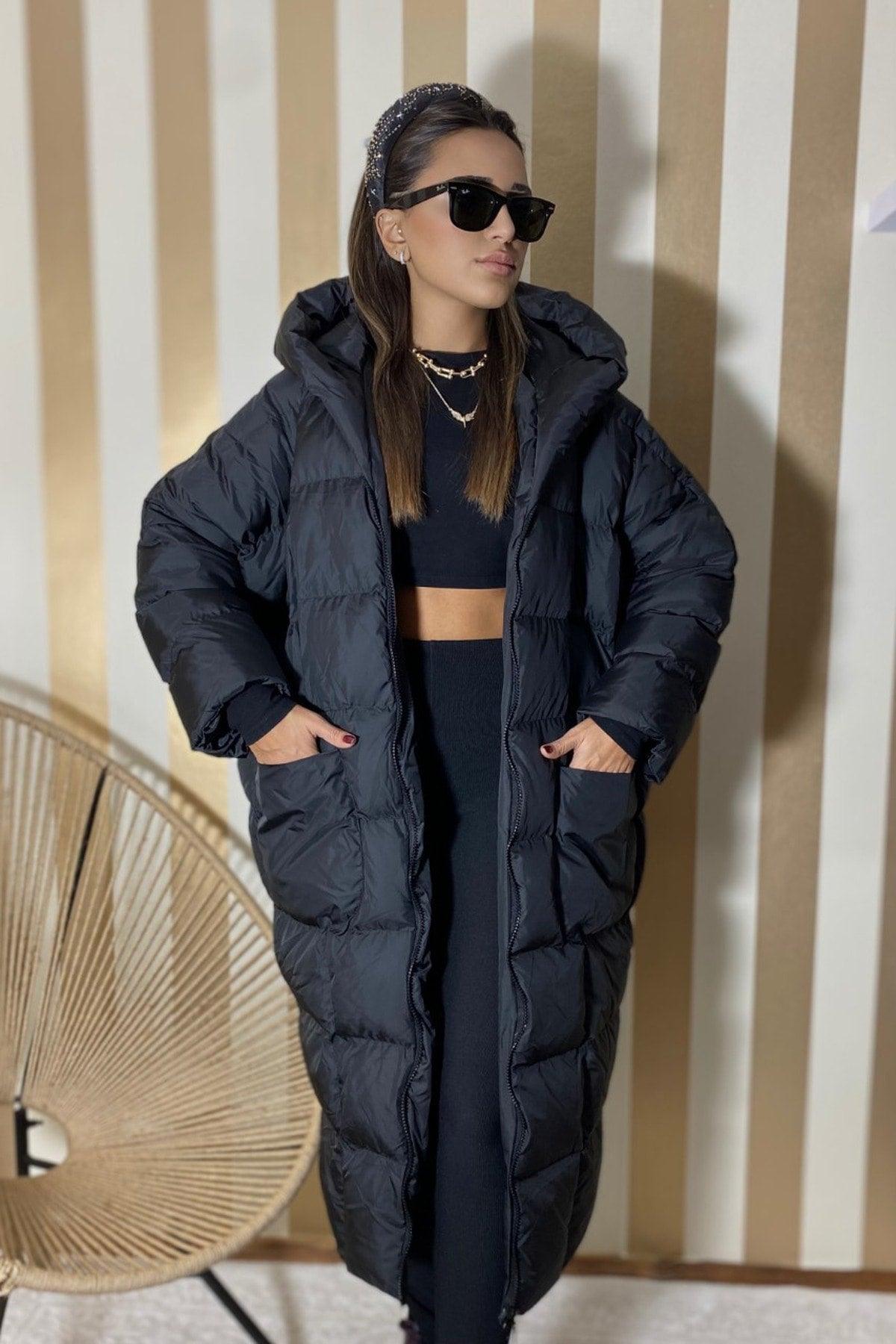 Women's Black Hooded Inflatable Long Oversize Coat - Swordslife