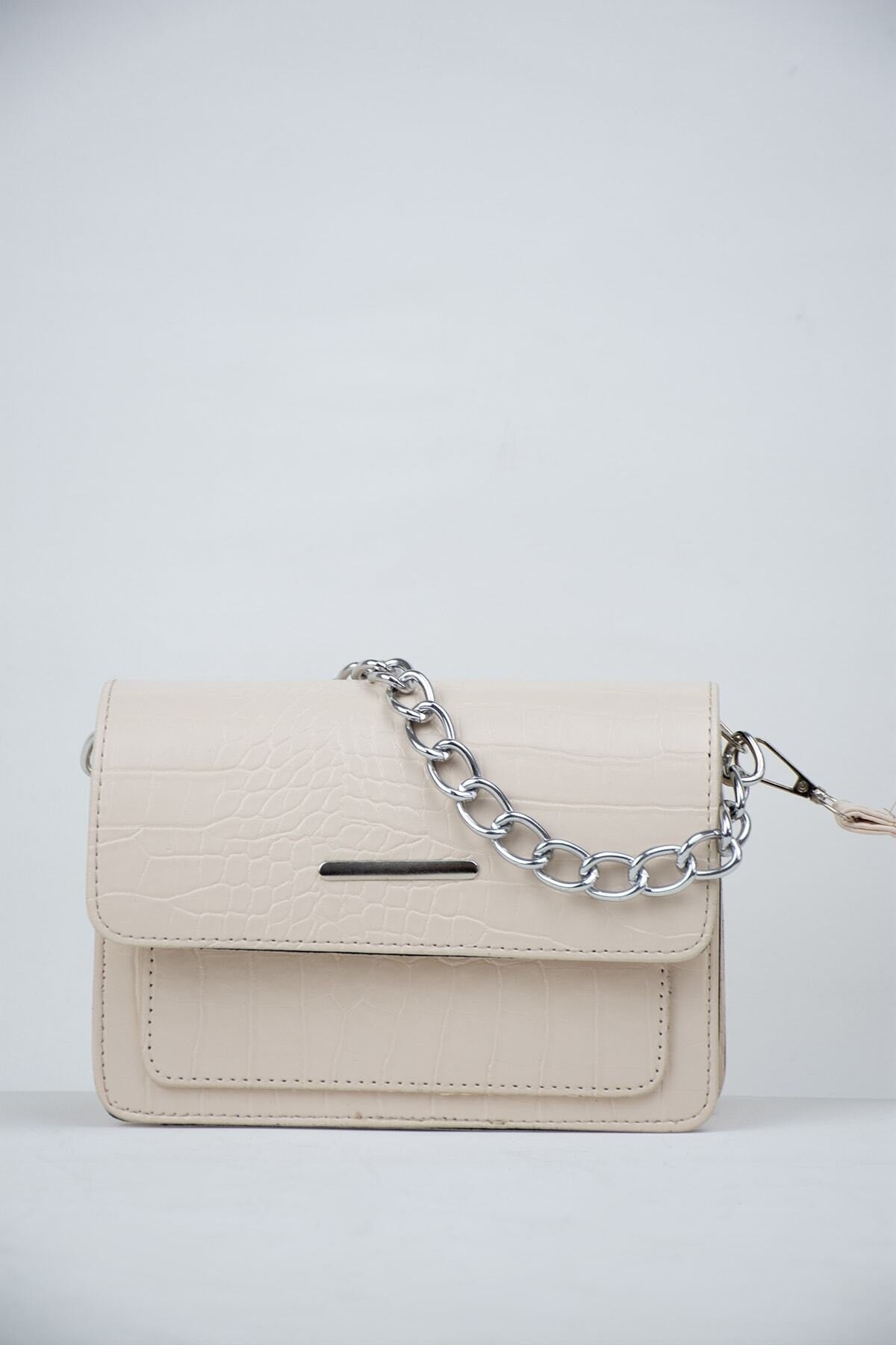 Cream Women Crocodile Patterned Clutch Baguette Chain Strap Bag