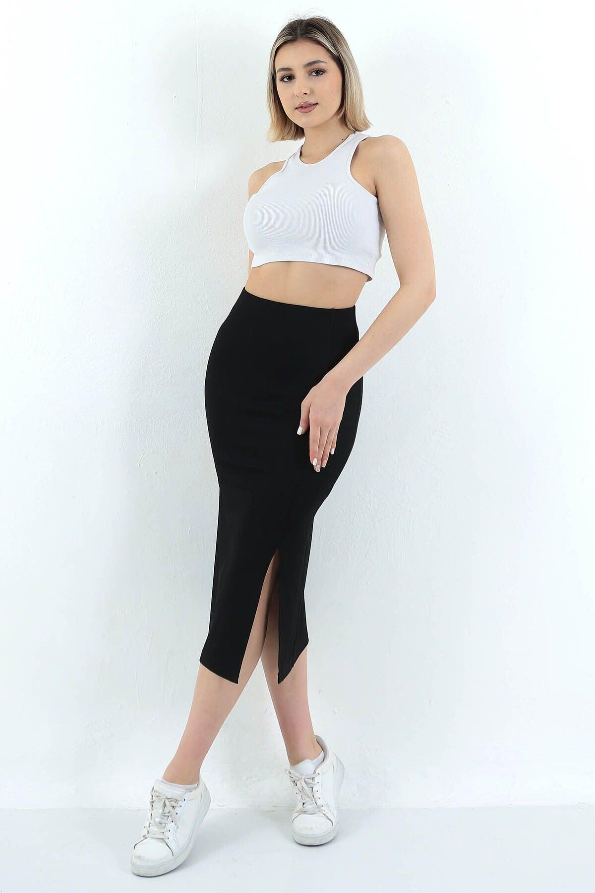 Women's Black Slit Detailed Corduroy Long Skirt - Swordslife