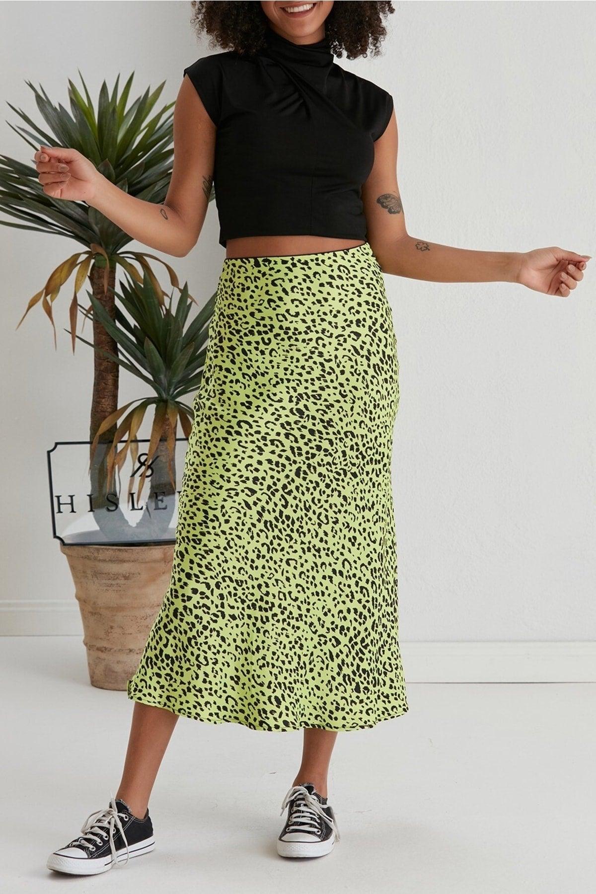 Summer Leopard Pattern Viscose Satin Midi Skirt - Neon Green - Swordslife