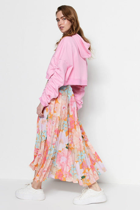 Multicolored Floral Patterned Pleated Elastic Waist Knitted Skirt TCTSS23EE00018 - Swordslife