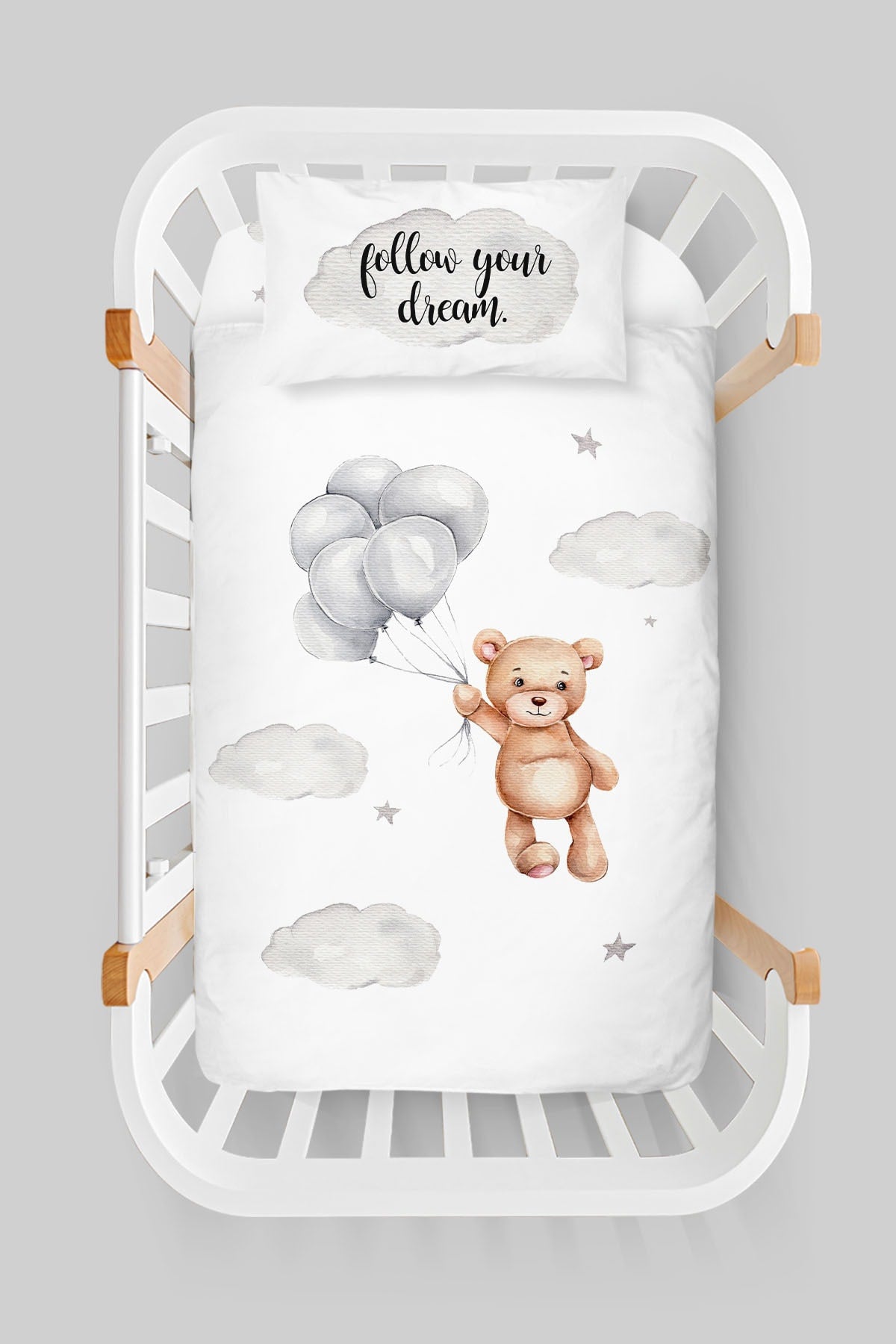 Mother's Side Crib Duvet Cover Set (60X100) - Iconic Series - Brown Bear Swinging in a Star Pink