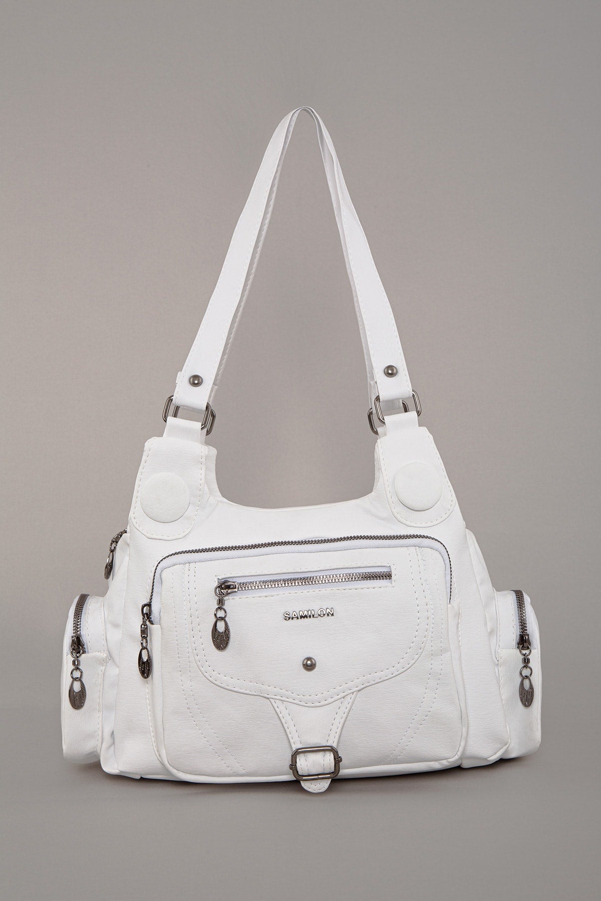 Women'S White Wash Leather Multi-Section Shoulder And Hand Bag