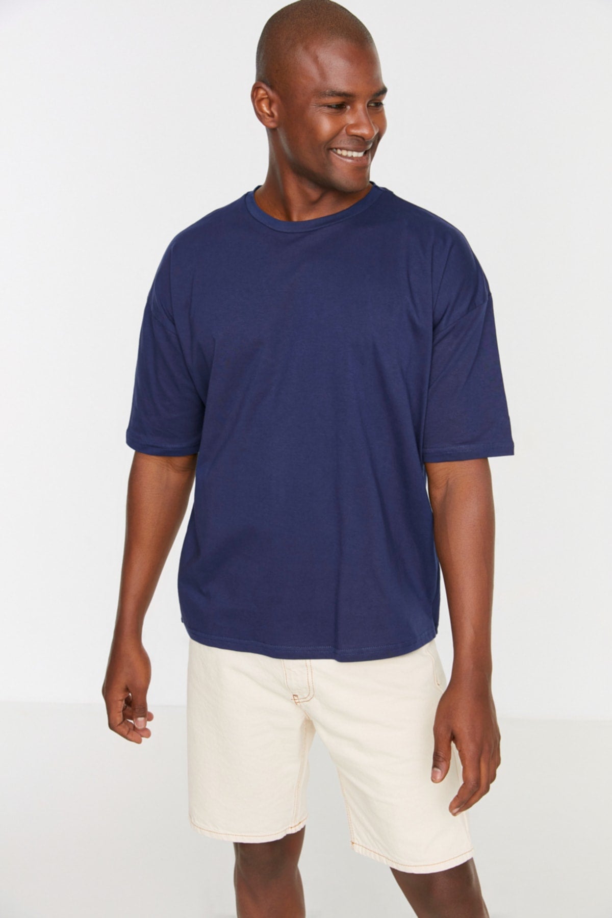 Navy Blue Men'S Basic 100% Cotton Crew Neck Oversize Short Sleeved T-Shirt