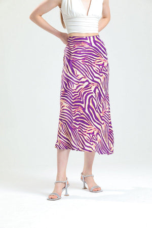 Zebra Pattern Viscose Satin Midi Skirt - Purple - Swordslife