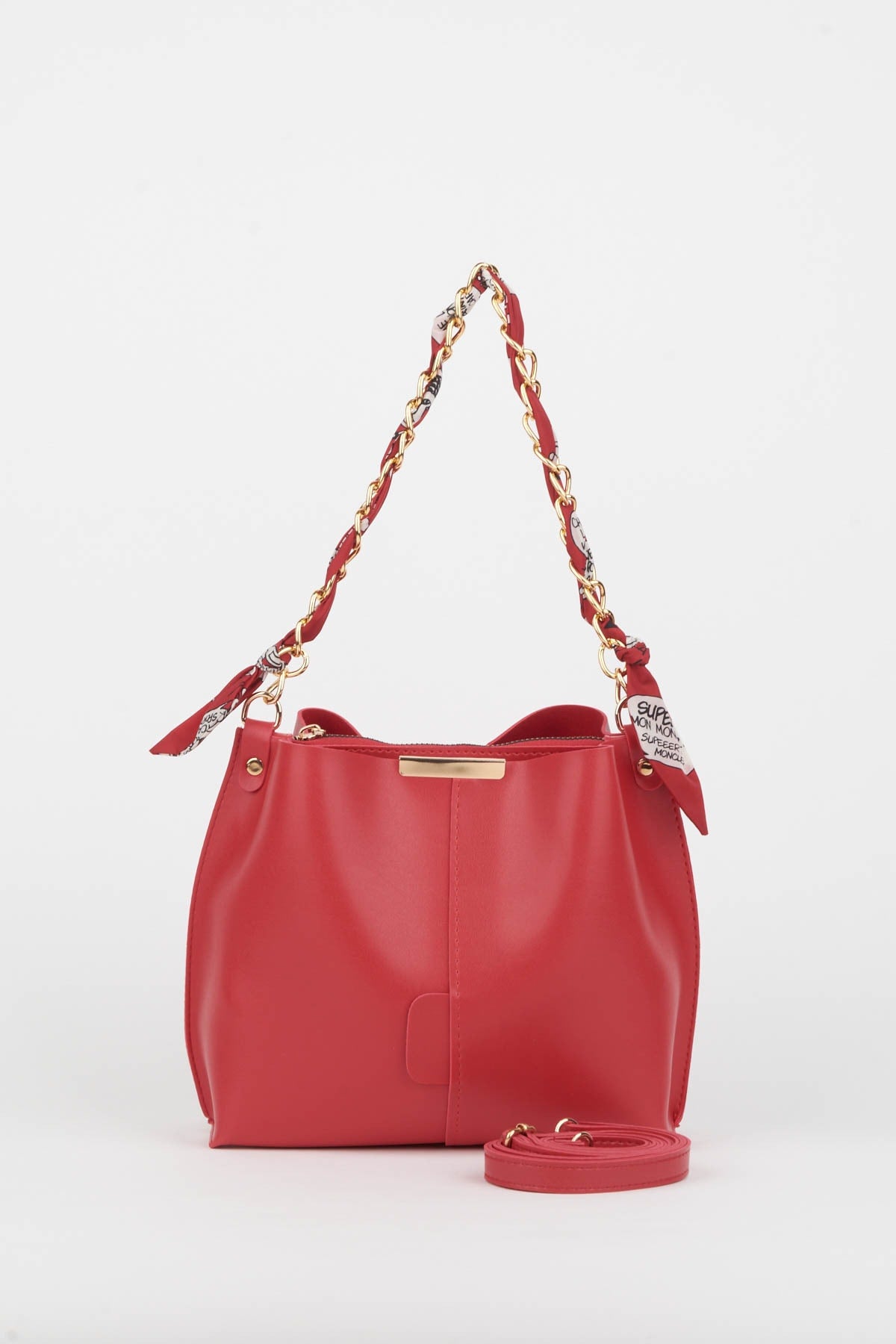 Women'S Red Scarf Chain Accessory Soft Leather 3-Compartment Hand, Arm And Shoulder Bag