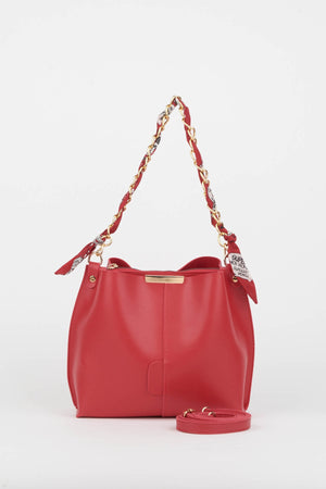 Women'S Red Scarf Chain Accessory Soft Leather 3-Compartment Hand, Arm And Shoulder Bag