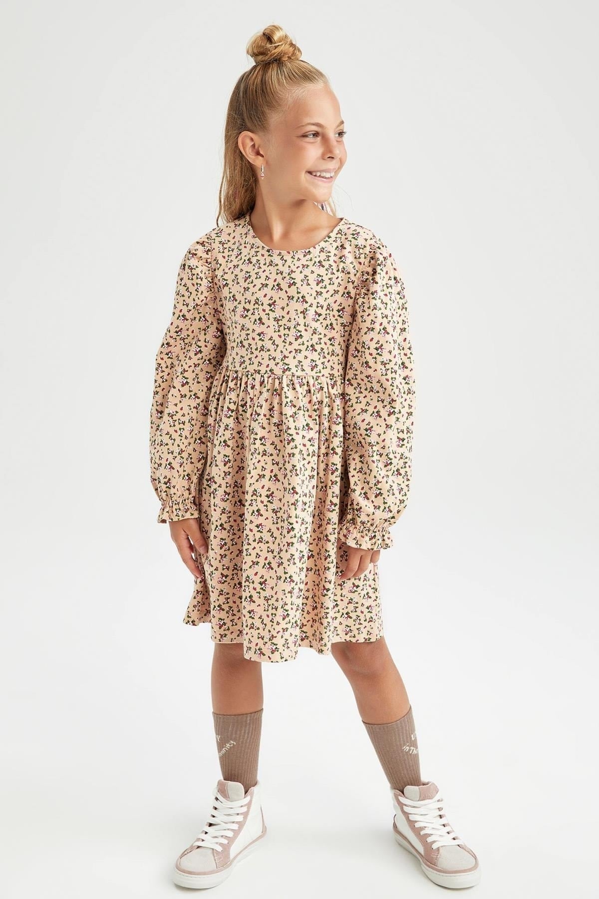 Girl Crew Neck Floral Long Sleeve Dress