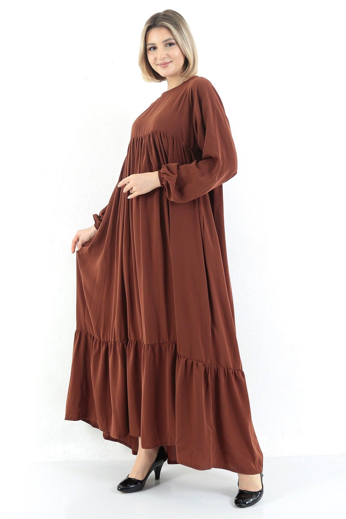 Tile Crew Neck Relaxed Fit Elastic Sleeve Side Pockets Pleated Robe Dress - Swordslife