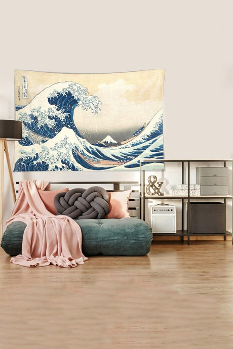 Beige-blue Katsushika Hokusai Series Stain Resistant Velvet Fabric Wall Covering Tapestry Tapestry - Swordslife