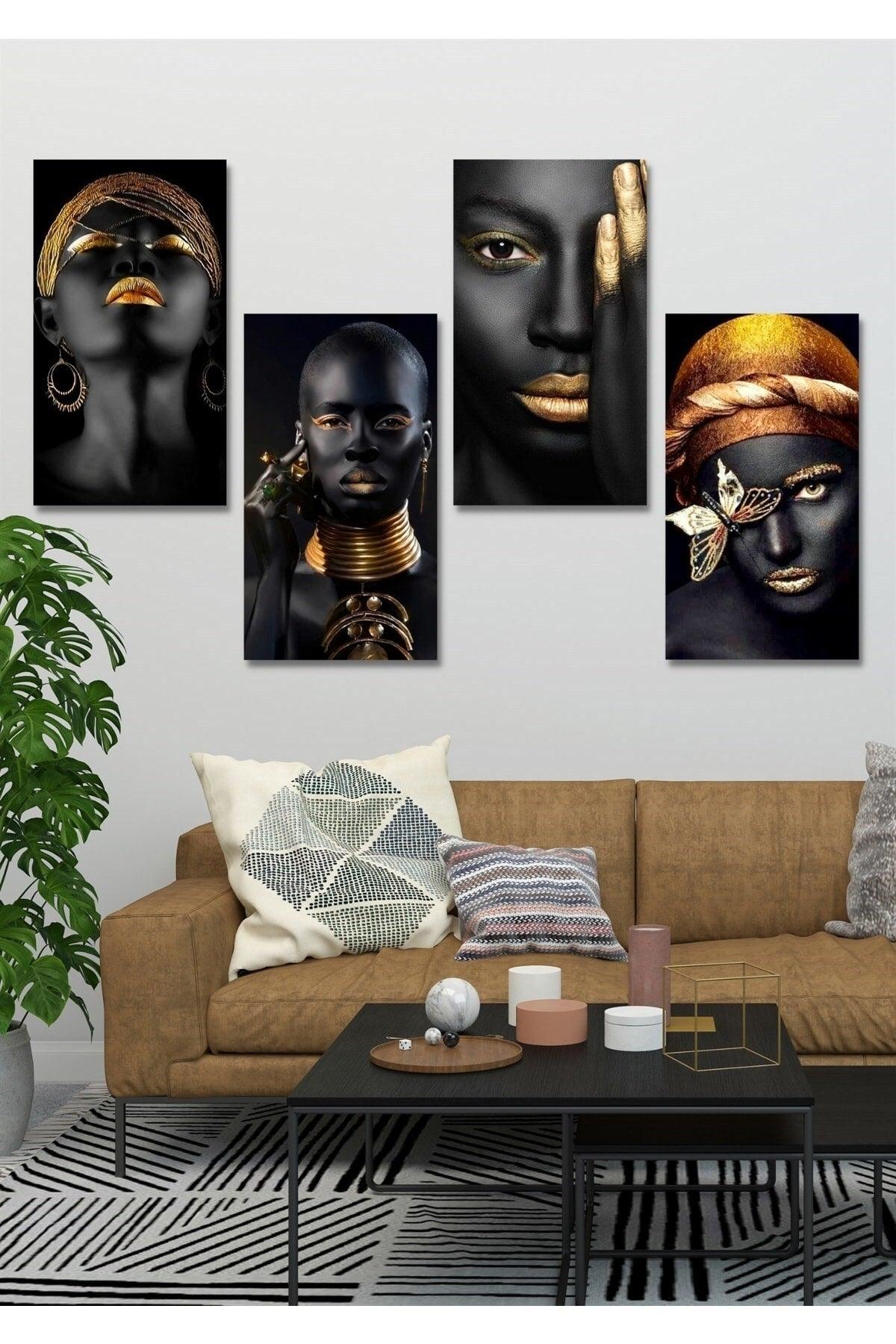 4 Pieces 15x30cm Wooden Wall Decor Black Women Painting Set For Living Room Living Bedroom Kitchen - Swordslife