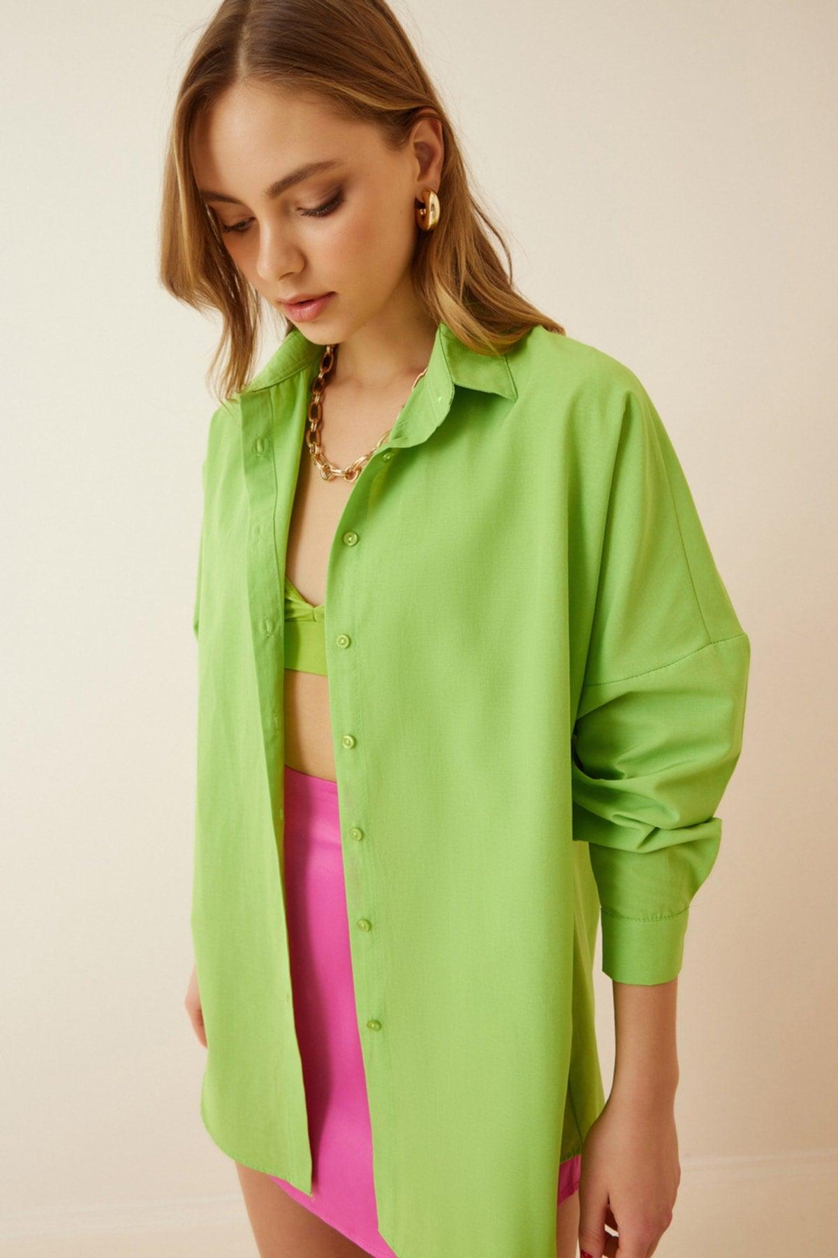 Women's Pistachio Green Oversize Long Basic Shirt DD00842 - Swordslife