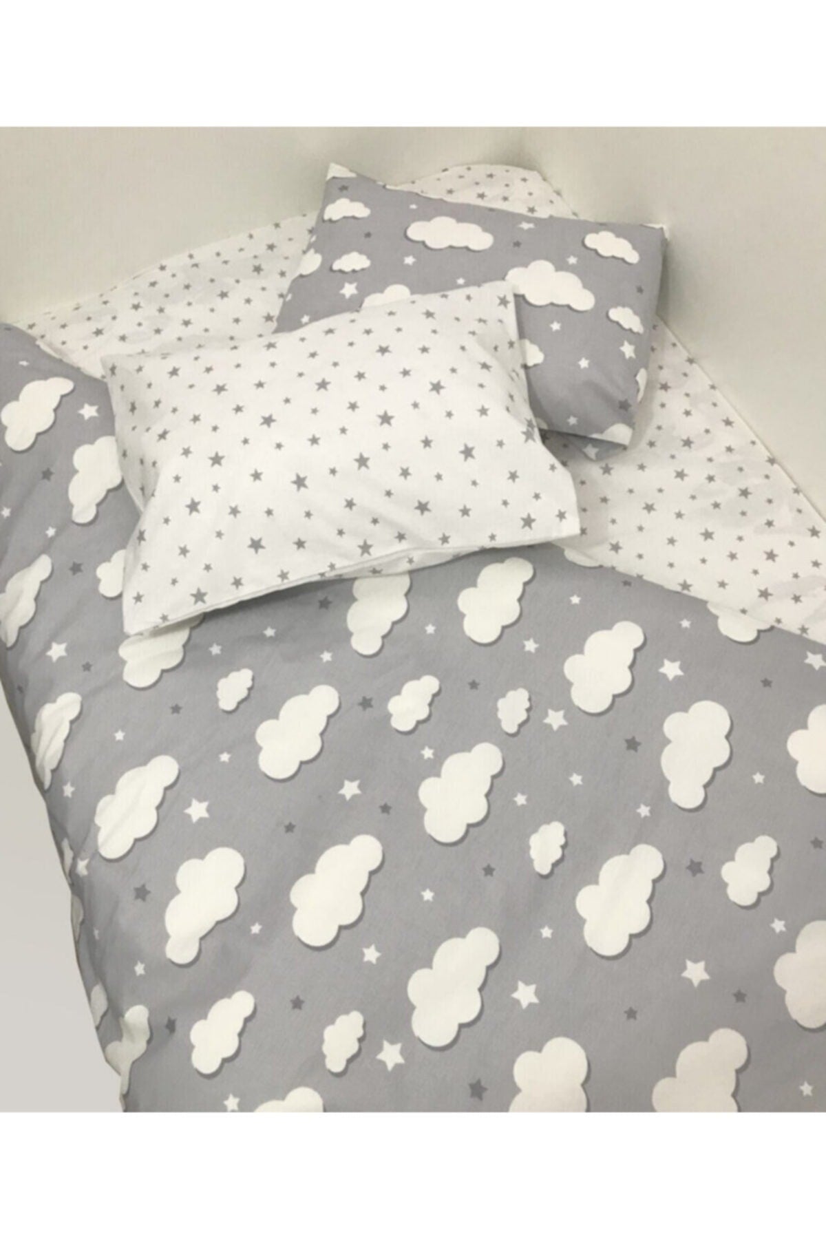 Montessori 120x200cm Crib Side Protection And Duvet Cover Set Gray Cloud Design