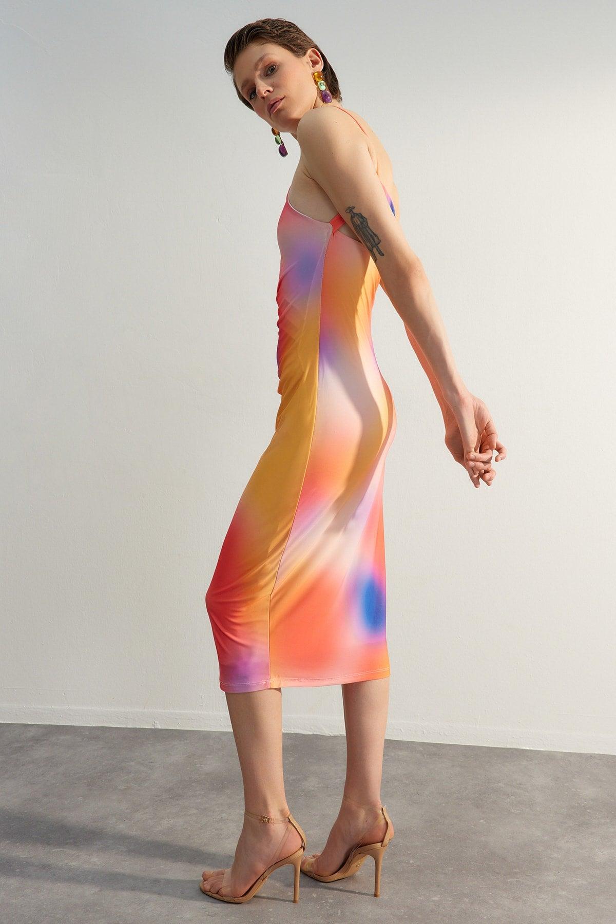 Limited Edition Multicolor Printed Fitted Midi One-Shoulder Stretch Knit Dress TWOSS23EL01577 - Swordslife