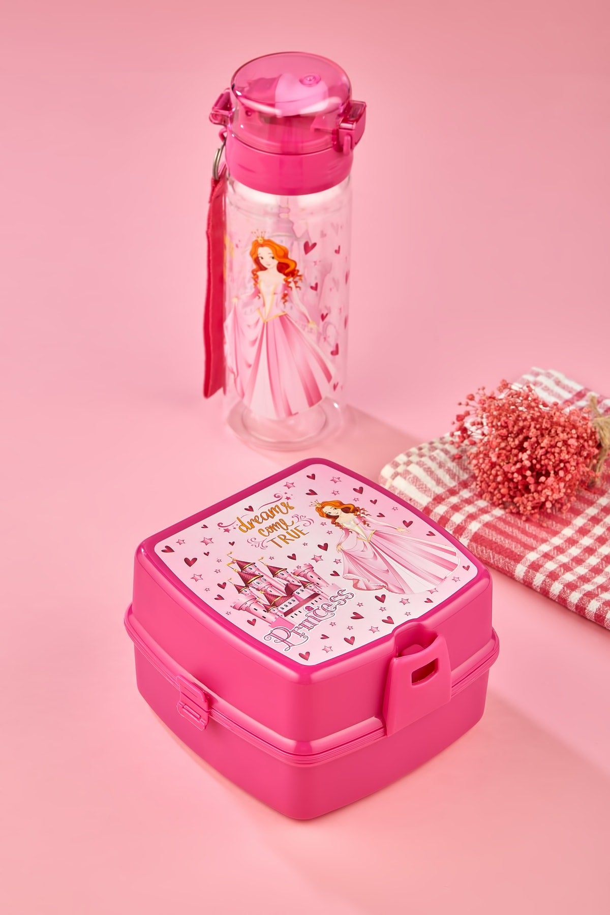 2 Layer Lunch Box With 4 Compartments With Self Spoon And Flask Princess With 500 Cc Pipette