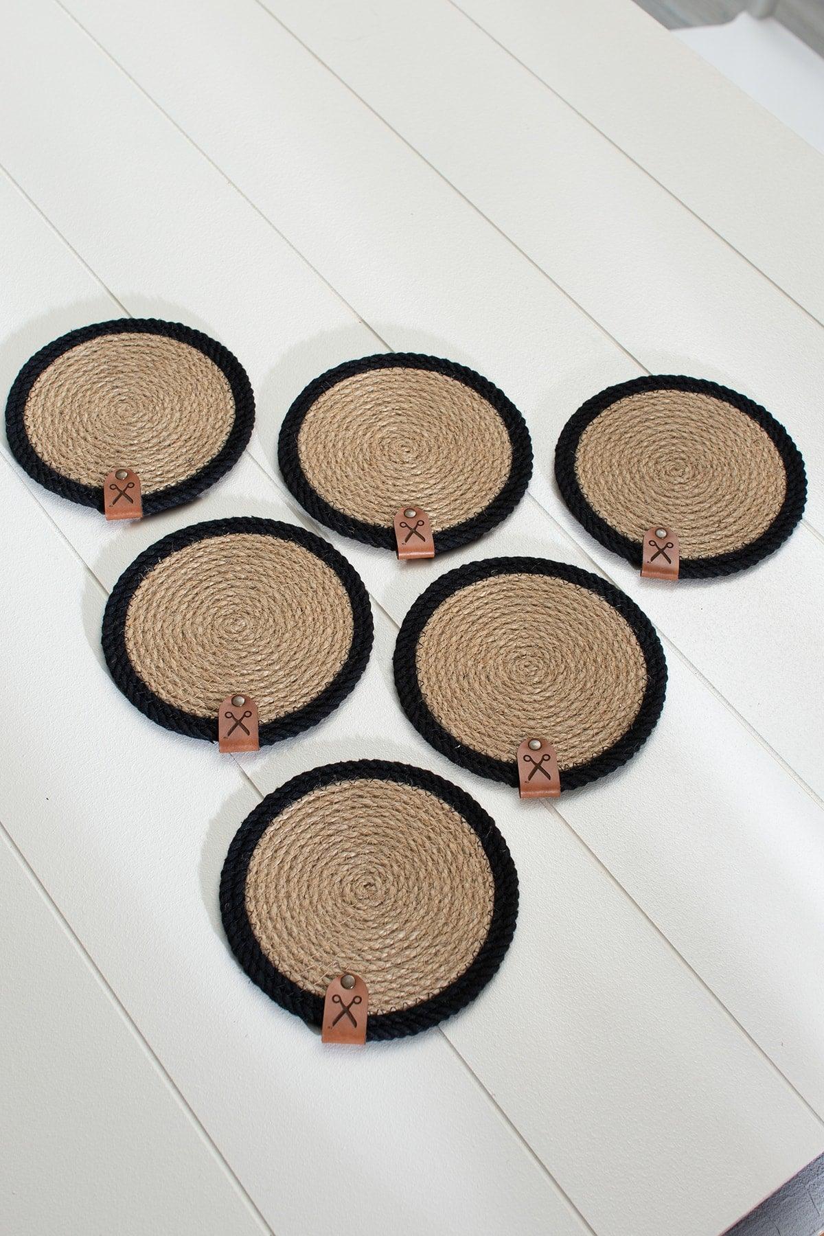 6 Pieces 13cm Black Striped Jute Straw Weave Coaster Presentation Set - Swordslife