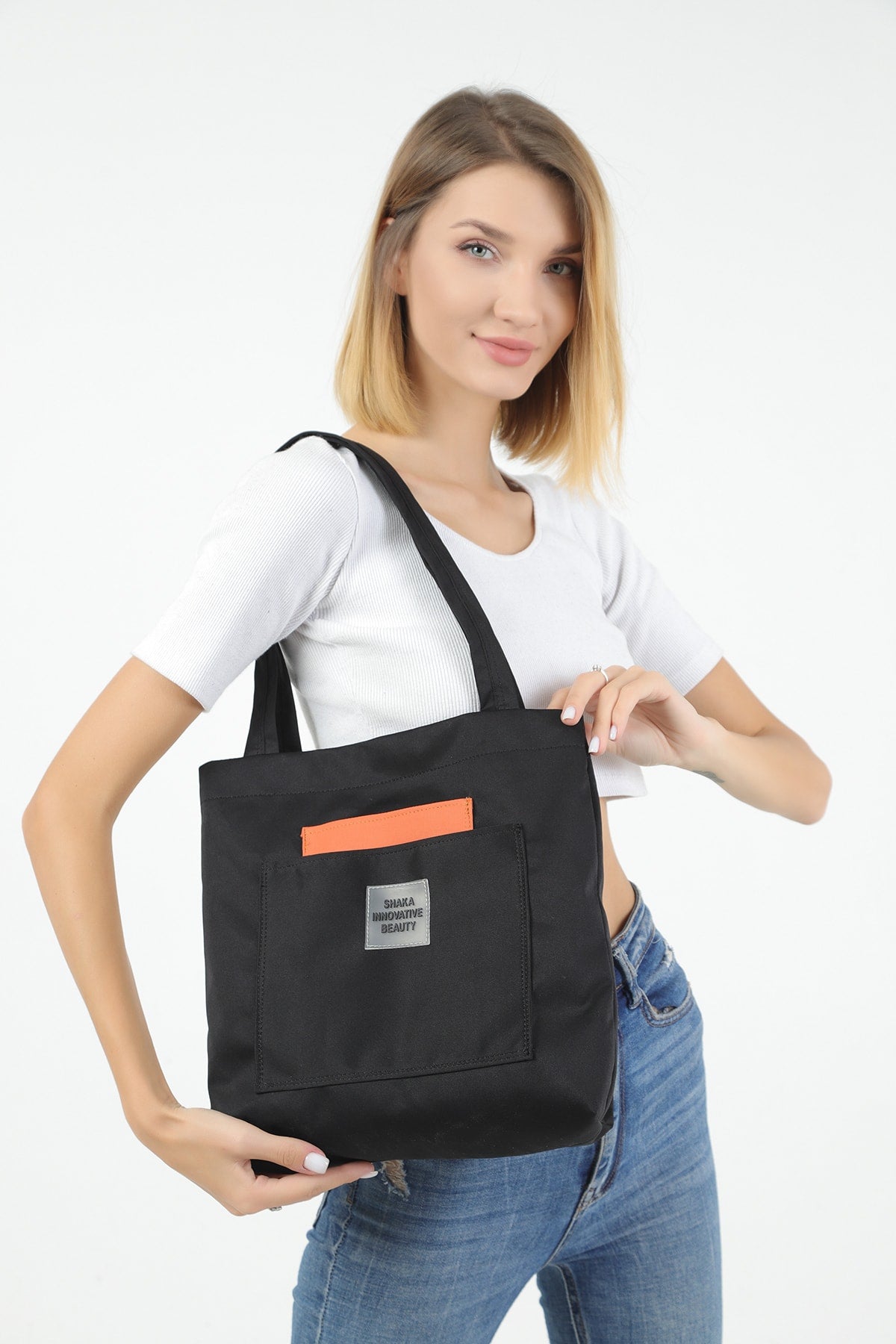 Black/orange U22 3-Compartment Front 2 Pocket Detailed Canvas Fabric Daily Women's Arm and Shoulder Bag B:35 E:35