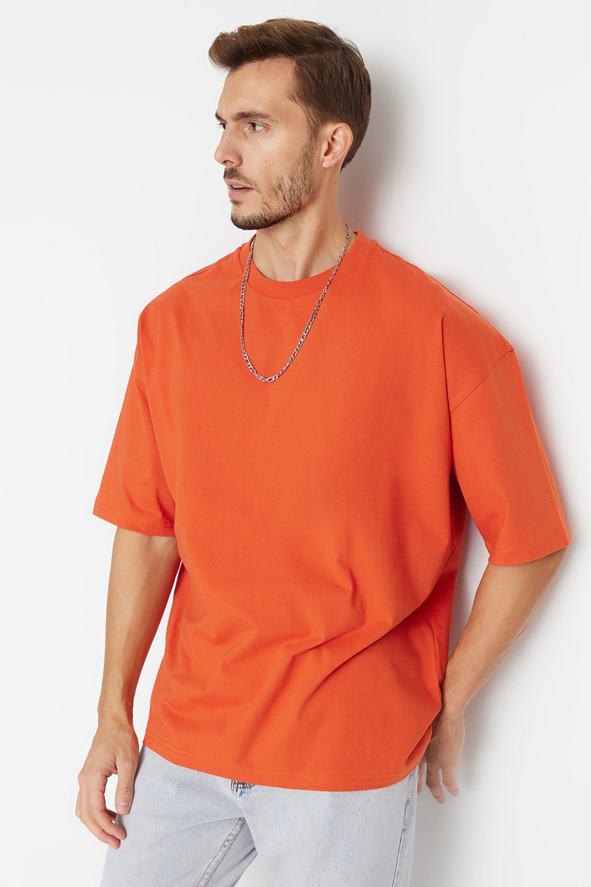 Orange Men'S Basic 100% Cotton Crew Neck Oversize Short Sleeve T-Shirt Tmnss22Ts0318