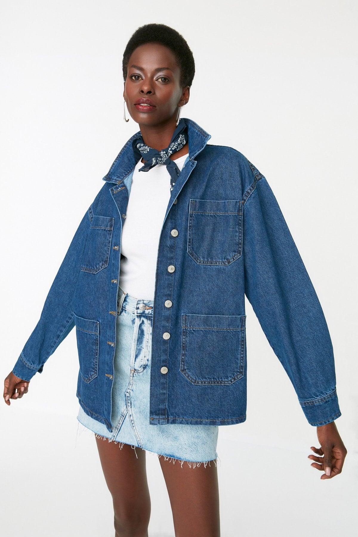 Blue Pocket Detailed Oversize Denim Jacket - Swordslife