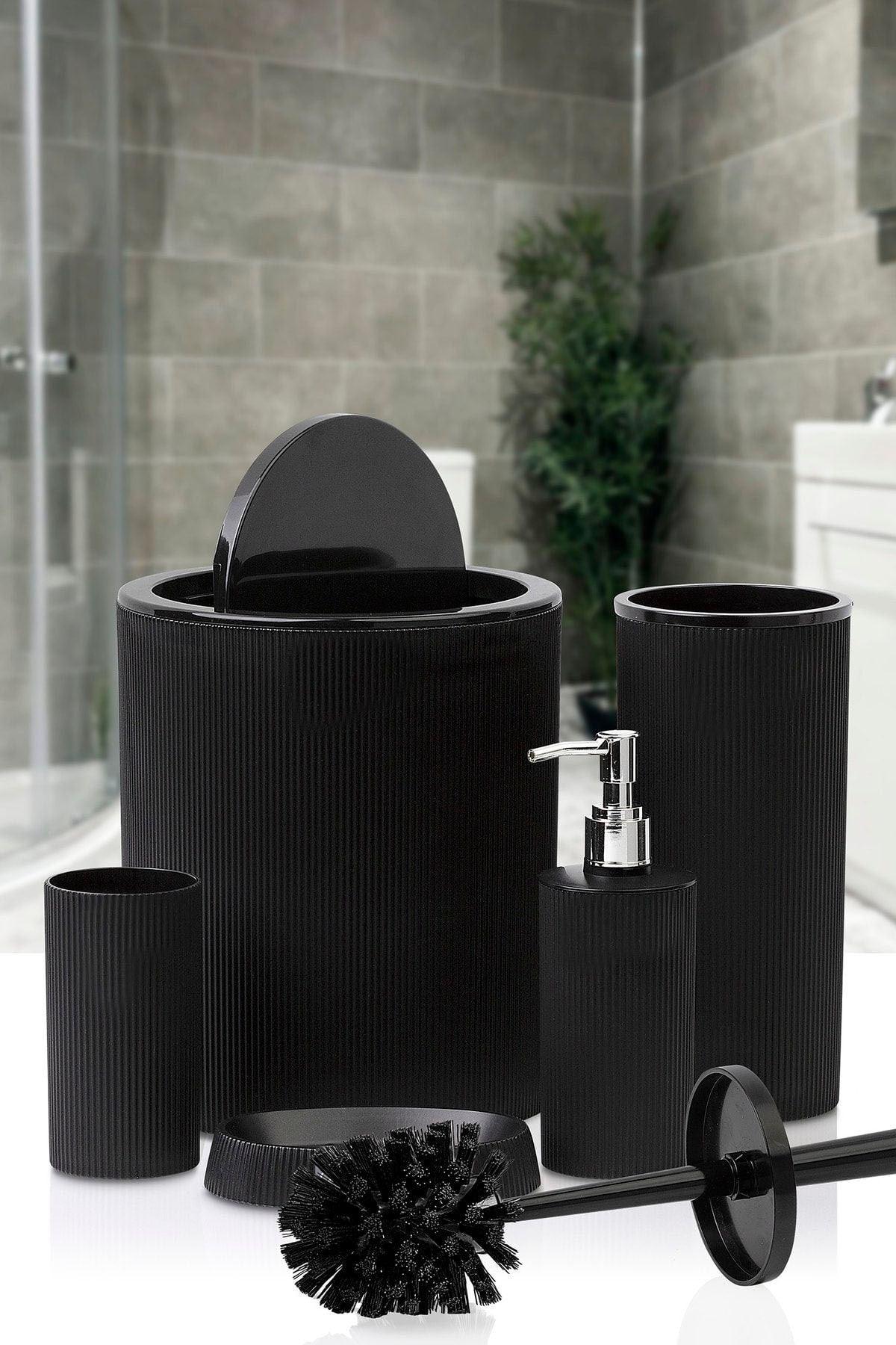 Trash Can Toilet Brush Liquid Soap Dispenser Toothbrush Holder Solid Soap Dispenser 5 Pieces Bathroom Set Black S-430 - Swordslife