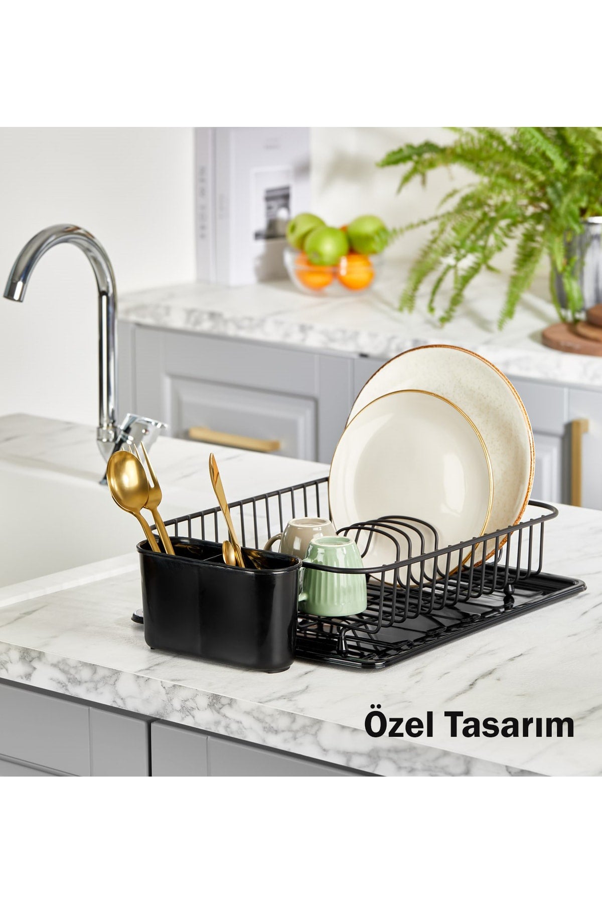 088 Matte Black Modern Oval Dish Rack with Plate and Tray