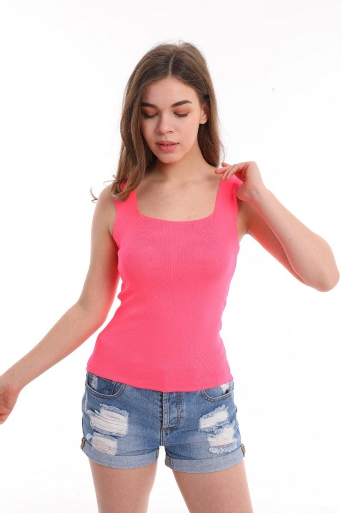 Women's Neon Pink Color Square Collar Strap Knitwear Blouse Athlete - Swordslife