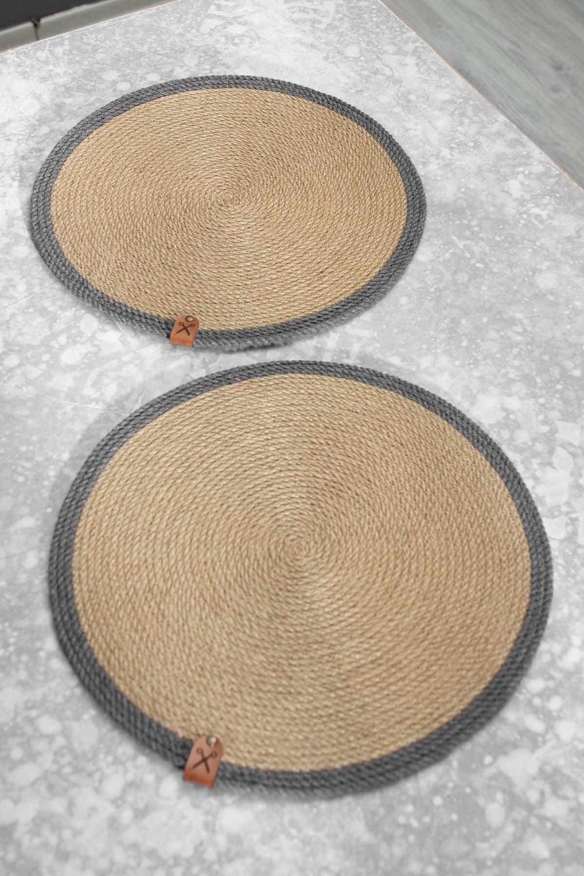 2 Pieces 32cm Round Gray Striped Placemats Straw Jute Knitted Base Presentation Set - Swordslife