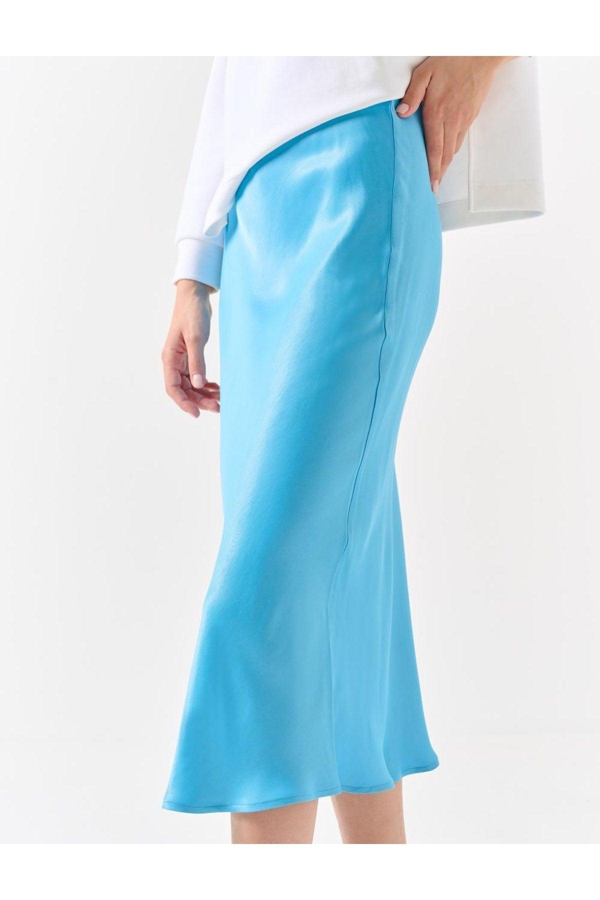 Light Sky Blue Straight Cut High Waist Midi Satin Skirt - Swordslife