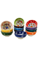 Kütahya Series 12 Pieces Ceramic Snack Sauce Bowl Breakfast Presentation Bowl - 8 Cm Diameter with Tile Motif