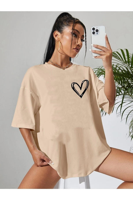 Minimal Heart Printed Light Brown Oversize Tshirt - Swordslife