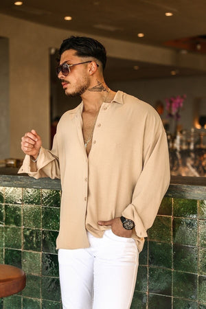 Men'S Beige Linen Aerobin Loose Fit Oversized Loose Shirt