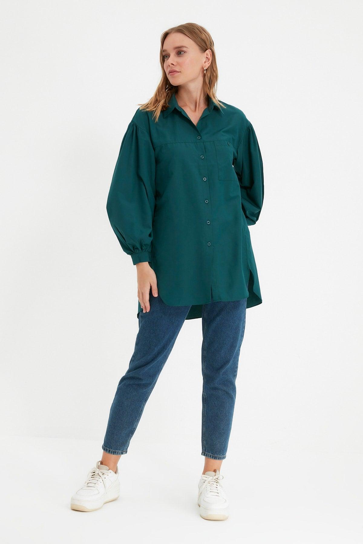 Green Balloon Back Sleeve Long Pocket Detailed Basic Woven Shirt TCTSS21GO0976 - Swordslife