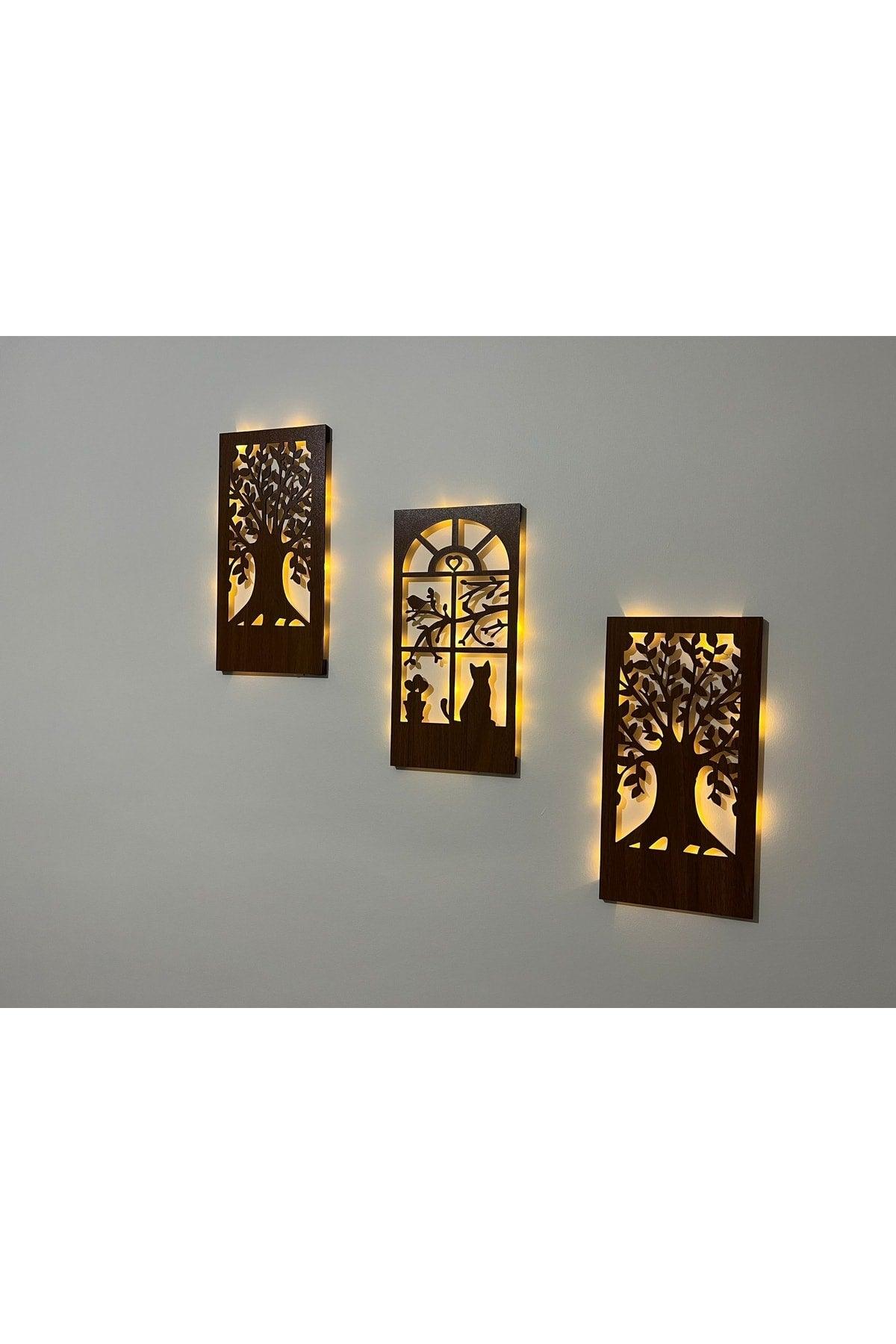 Fairy Led Wooden 3 Piece Set Table Home Gift Hallway Hallway Night Light 32x16 Wall Decoration Tree Cat Bird - Swordslife