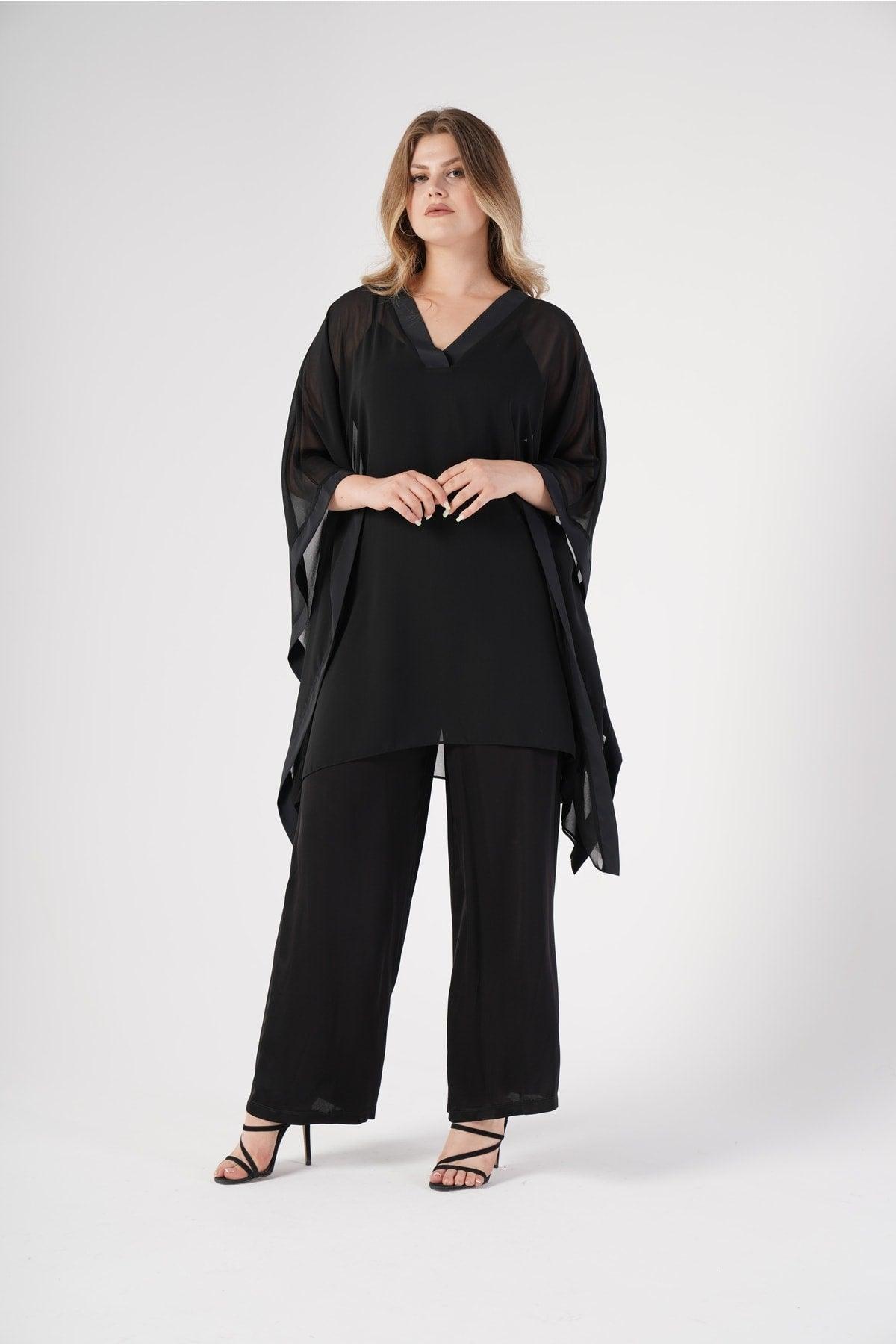 Large Size Women's V-Neck Black Chiffon Cape Coat - Swordslife