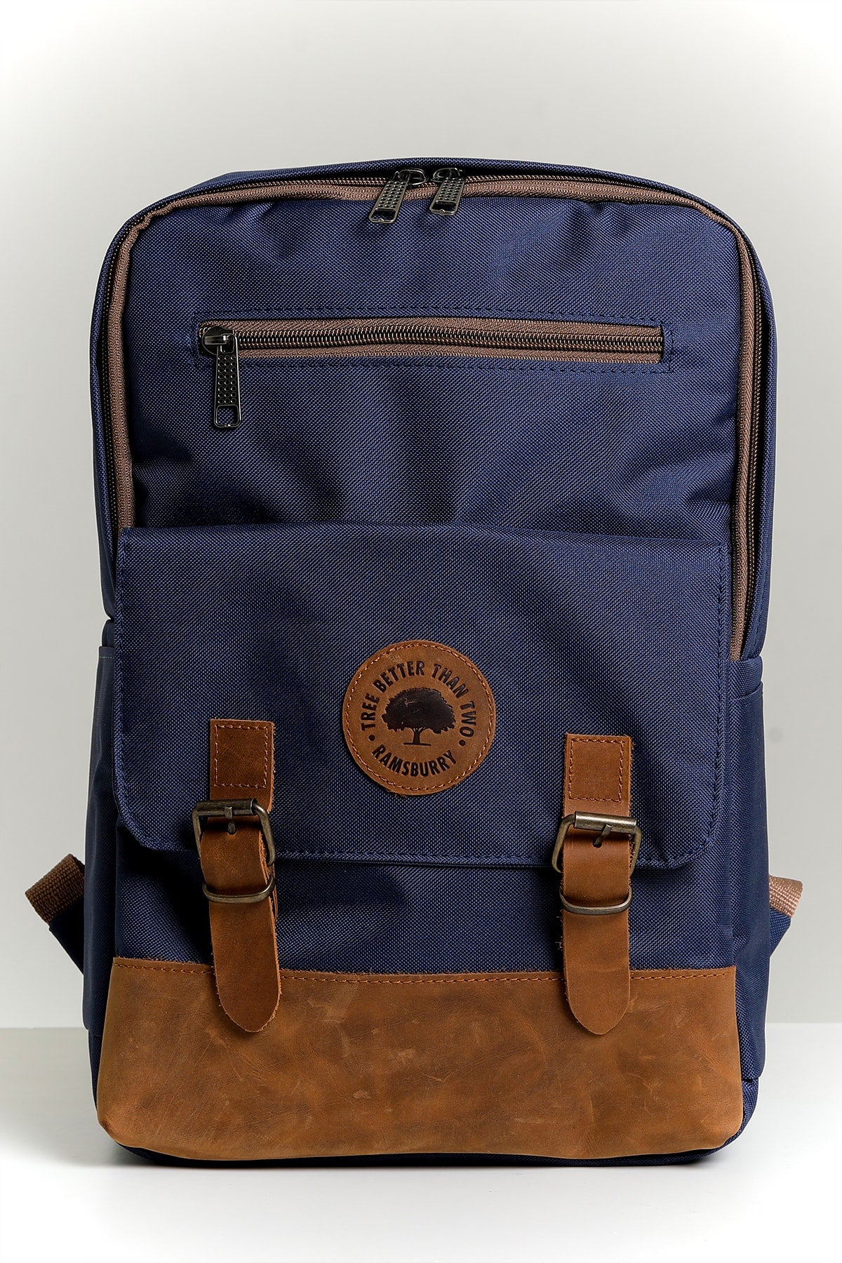 Unisex Navy 100% Genuine Leather Detailed Waterproof 15.6 Inch Multi-Compartment Backpack With Laptop Compartment